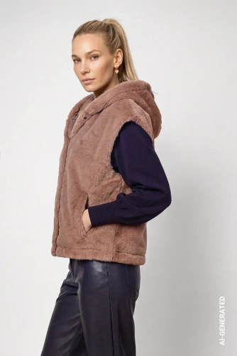 MONARI STUDIO BLUE női szőrme mellény, taupe színű, kapucnis (3)
