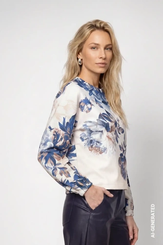 MONARI STUDIO BLUE női virágmintás pulóver, bézs színű, kék nyomattal (3)
