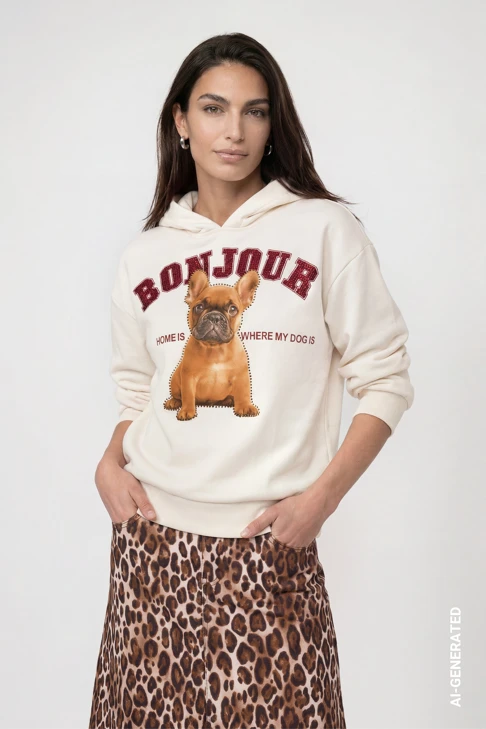 MONARI FASHION SHOW bézs színű, kapucnis női pulóver „bonjour”