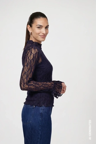 MONARI STUDIO BLUE női csipkés póló, sötétkék (3)