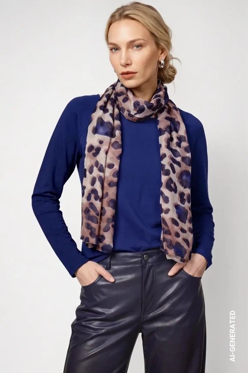 MONARI STUDIO BLUE női leopárdmintás sál